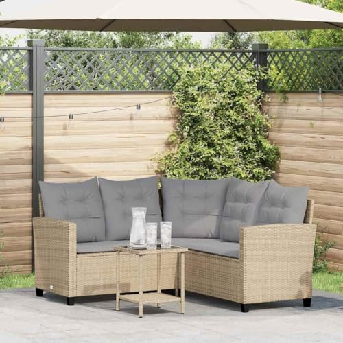 Tonture Gartensofa L-Form Beige Poly Rattan, Ecksofa Outdoor mit Tisch, Kissen, Hartglasplatte, 146x146 cm, Witterungsbeständiges Loungeset für Terrasse und Balkon