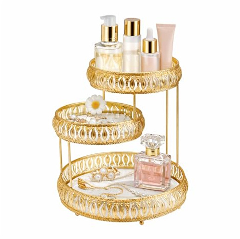 SUNNYNEST Makeup Organiser 3 Tier, Gold Metal Bathroom Storage Shelf with Trays, Vanity & Perfume Organiser, Countertop Make Up Organiser for Cosmetics, Skincare & Toiletries (White)