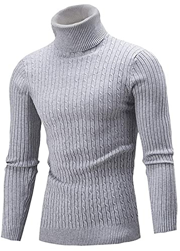 Aideaone Polotröja för män, stickad tröja med polokrage, varm, finstickad, basic-polotröja, GRÅ, M