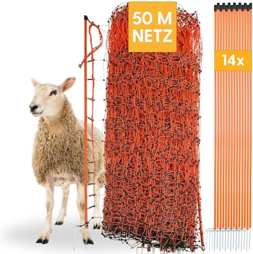 Agrarzone fårnät fårstaket med elektricitet orange 50m x 90cm | Elstängselnät med dubbelpunkt och stolpar | Skyddstaket för fårgettslamm | Staket för staket för get för staket för staket | Elektriskt staket, dubbel spets, får, getter, lamm, fjäderfänät