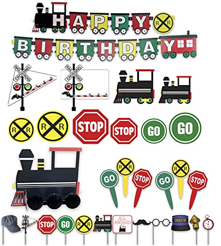 Havercamp Train Birthday Party Supplies: 7ft Happy Birthday Banner, Centerpiece, 12 Photo Props, 10 Cardboard Train Cutouts Decorations, 24 Party Picks