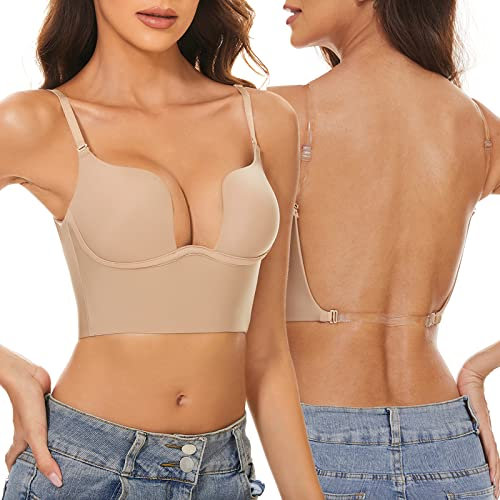 seagallery Womens Low Back Bra Wire Lifting Deep U Shaped Plunge Backless Bra with Clear Straps Convertible Bra