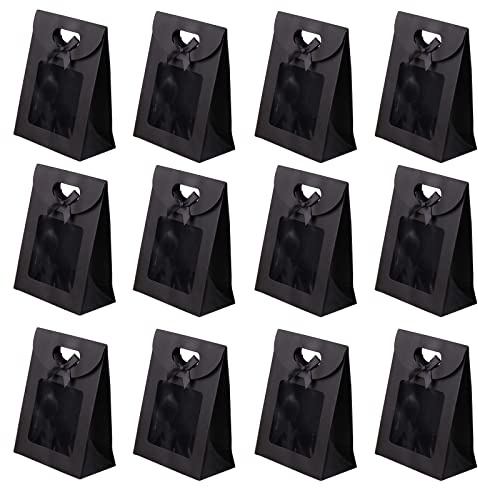 Fayemint 12 Stück Kraftpapier Verpackungsbeutel, Geschenktüte mit Fenster, Schwarz Papiertüten, für Verpacken von Bankettgeschenken, Keksen und Süßigkeiten (Schwarz)