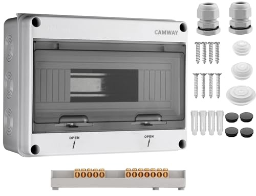 CAMWAY Sicherungskasten Aufputz 1-Reihig 12 Module, Verteilerkasten Aufputz IP65 Waterproof, Verteilerkasten mit umlaufender Dichtung und Messingklemmen,Sicherungskasten für Garten oder Außenbereichen
