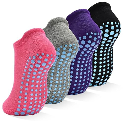 HYCLES Yoga strumpor dam sneakers stoppstrumpor 4 par pilates halkfria strumpor för studsmatta hem fitness sjukhus 35–42, 01# svart + grå + rosa + violett, 35-38 EU