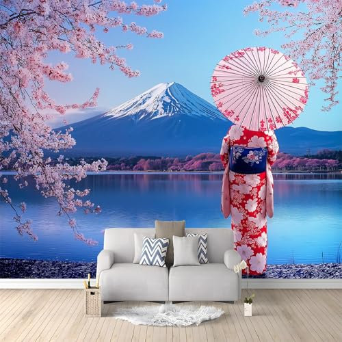 Papel Pintado Panorámico Paisaje Japonés Mujer Flores De Cerezo 350x256 cm Fotomurales No Tejido, Murales Decoración de Pared, Póster Pared Personalizado 3D Para Salón Dormitorio