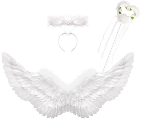 Winwild 3er Engelsflügel Weiß mit Heiligenschein & Zauberstab Set,Engel Flügel 60CM Engel Teufel Feen Kostüm Kinder Accessoires für Halloween Karneval Cosplay Party Fasching Verkleidung