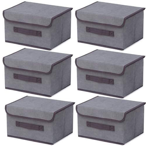 EURXLQ 6 Grau Faltbare Aufbewahrungsbox mit Deckel 26×19×16 cm,Leinen Stoff Faltbare Lagerung Bin mit Flip-Top-Deckel & Griffe,Kleidung Decke Box für Haus,Kleiderschrank