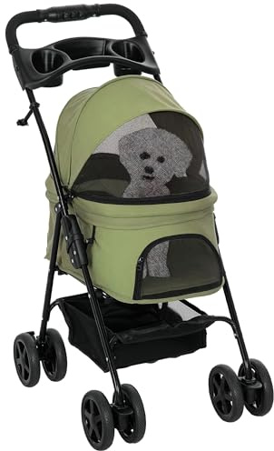 PawHut Poussette Buggy Pliable Chien Chat Panier Rangement Porte-Gobelets Tissu 300D Oxford Imperméable 4 Roues Vert