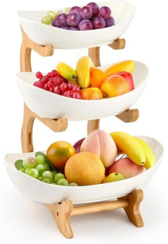 MEESOGA Frutero de cerámica con 3 niveles, 3 niveles, frutero con soporte de bambú, plato de servir para cocina, frutas, verduras, aperitivos, dulces, almacenamiento