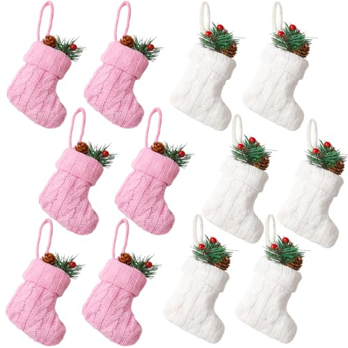 FSAIUIS 12Pcs Mini Knitted Christmas Stockings,Small White and Pink Knit Hanging Stocking for Fireplace Family Home Party Decorations
