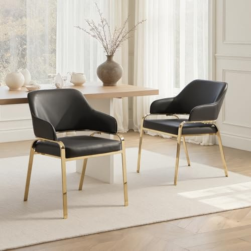 DAYALANE Set di 2 Sedie da Pranzo Moderne Sedie da Cucina con Gambe in Metallo Dorato Poltroncine Sala da Pranzo in Ecopelle Sedie Imbottite con Braccioli per Soggiorno/Cucina/Camera da Letto, Nero