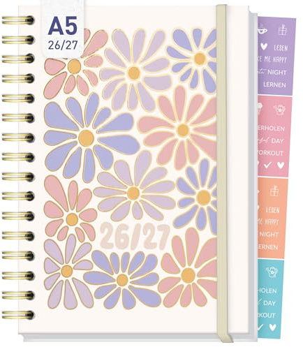 Häfft-Timer Fancy 2026 2027 - Schülerkalender A5 Flower Power rosé | Aug 2026 – Sep 2027, Studienplaner mit Hardcover & Spiralbindung, Kalender für Oberstufe, Ausbildung, Studium