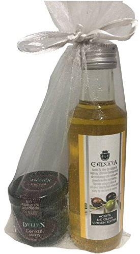 Regalo de botella de Aceite de La Chinata con tarrito de mermelada de cerezas artesana y sin gluten en bolsa de organza (Pack 24 ud)