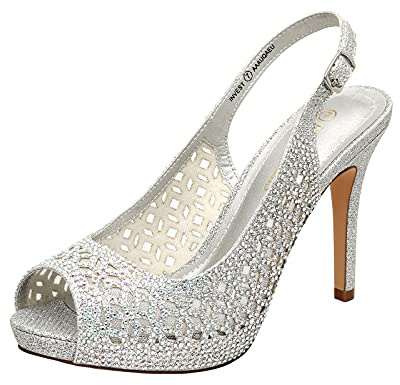 DREAM PAIRS Women's High Heels Platform Dress Rhinestones Peep Toe Pumps Shoes,Size 9.5,Silver/Glitter,Invest