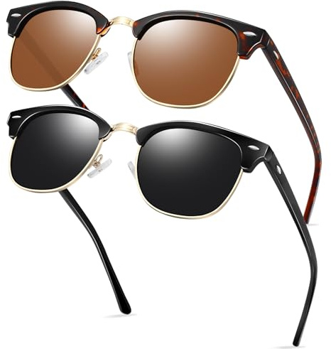 KANASTAL 2 Paires Lunettes de Soleil Femme et Homme | Demi Monture,Polarisées,UV400,TAC,9 Couches,PC et Métal,Carré,Léger,Conduire,Rétro,Vintage,Classique,Polyvalent,Antidérapant