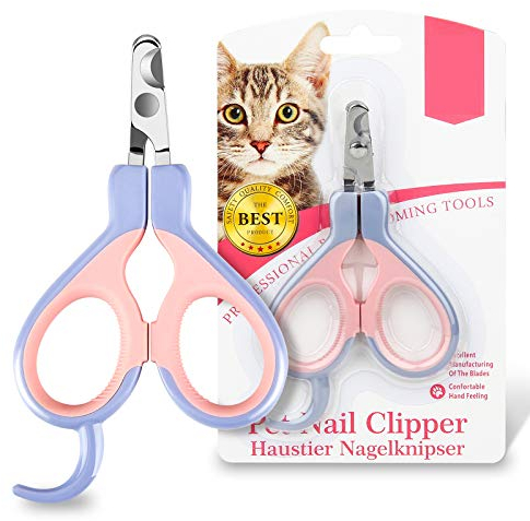 EooCoo Krallenschere Katzen Krallenschneider für Anfänger Geeignet, Cat Nail Clipper, Katzenkrallen Schneider, Nagelknipser für Welpen&Kleine Tiere, Radian 25 Grad Design, Sicherheit, Rosa + Blau