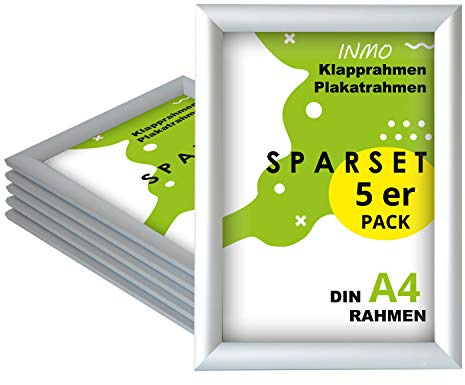INMO Alu-Klapprahmen DIN A4 5 Stück mit Aluminium Profil ohne Glas - Klappbarer Bilderrahmen Silber - Fotorahmen für Bilder, Poster, Plakate - 23,80 x 32,50 cm Urkundenrahmen