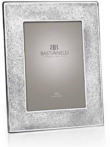 Bastianelli Portafoto in Argento Massiccio 925 con Cornice a Fascia Larga Incisione Fiori, Foto 13x18 cm