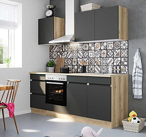 idealShopping GmbH Küchenblock Noah 210 cm mit Einbauspüle ohne Elektrogeräte in anthrazit matt
