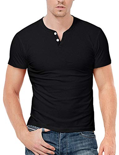 KUYIGO Hombres Camiseta Cuello en V Camisa Henley Clásico Manga Corta Sólido L Negro