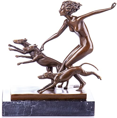 Art Deco Figur Bronze Diana mit Windhund Artemis Skulptur nackte Göttin Marmorsockel signiert pab007 Palazzo Exklusiv