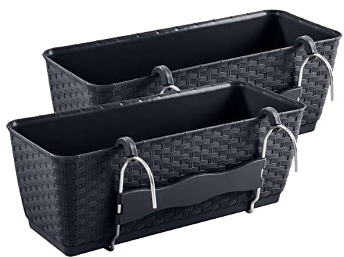 PAFEN 2 jardineras para balcón con soportes, 492 x 172 x 174 mm, maceta con almacenamiento de agua en aspecto de ratán, color antracita