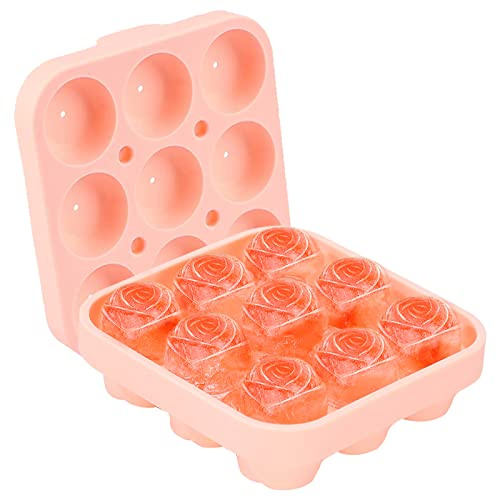 DMZK Bac a Glacons Forme de Rose en Silicone, 9 Cavités pour Glaçons, Bac à Glaçons avec Couvercle, Parfait pour Boissons, Congélateurs, Whisky et Cocktails