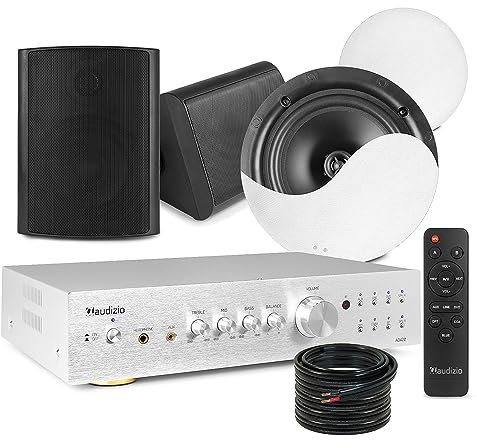 Power Dynamics 2-Zone Kitchen & Patio Audio System - Bluetooth Amplifier AD420A, 2x NCSS8 Ceiling Speakers, 2x BGO50 Weatherproof Wall Speakers, Home Audio Installation Kit with Cable
