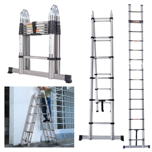 AUTOFU 3.8m Telescopic Ladder - Foldable Extension Multi-Purpose A-Frame - 330lb Capacity Heavy Duty Stainless Steel for Home, Loft, Garden, Warehouse, Office