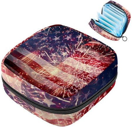 Aufbewahrungstasche für Damenbinden mit USA-Flagge, große Menstruationstassentasche mit Reißverschluss, Periodeneinlagen, Slipeinlagen, Tampons für Mädchen und Frauen