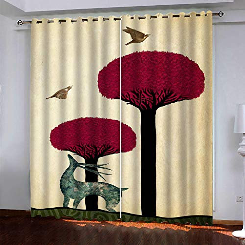 Vorhang Blickdicht Ösen 3D Rote Bäume Elch Muster Modern Gardinen Wohnzimmer Schlafzimmer Kinderzimmer - Thermo Schallschutz Verdunklungsvorhänge Fensterdekoration 2Er Set 200X210cm (BxH)