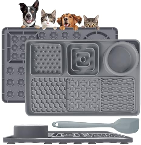 Cooltto 1 Stück Schleckmatte Hund Katze Silikon Leckmatte Hund mit Spachtel Futtermatten mit Saugnapf Slow Feeder Matte Haustier für Hunde Baden Trainieren Fellpflege Klauenpflege (Grau)
