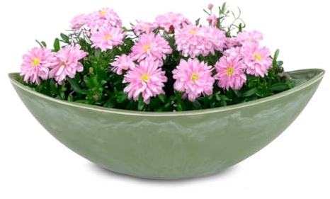 Ovale Pflanzschale für draußen - große Schiff Deko-Schale in grün marmoriert als Blumen-Topf Pflanztopf - 39 cm Jardiniere für Garten Balkon oder Friedhof als wetterfester Grab-Schmuck