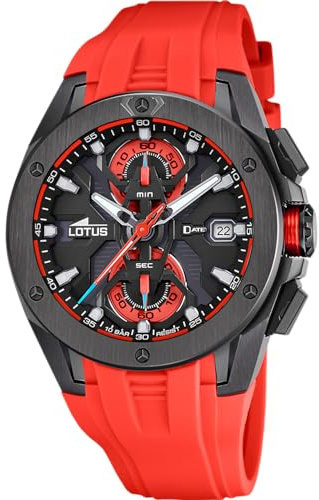LOTUS Reloj Hombre Analógico de Caucho Rojo | Movimiento de Cuarzo, Cronógrafo, Calendario, Cristal Mineral de Alta Resistencia, Resistente al Agua 10 ATM 18943/5 Vortex