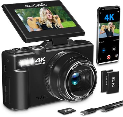 4K Digital Camera with 3 Inch 180° Flip Screen, 64MP Vlogging Camera for YouTube, 4K Ultra HD WiFi Camera with 18X Digital Zoom, Compact with Flash
