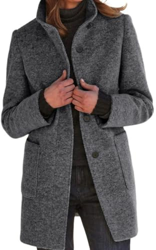 CHARTOU Women Winter Long Pea Coat Wool Blend Stand Collar Single Breast Thicken Blazer Jacket, Grey, Medium