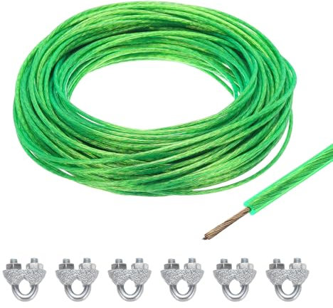 QUARKZMAN 3mm (1/8) Cables de Acero Galvanizado Recubiertos de Vinilo Verde 30M / 98 Pies de Cable de Cuerda de Alambre con 6Pcs M3 Lazos de Manga para Colgar Luces Barandillas