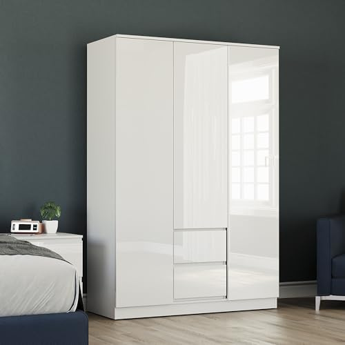 Vida Designs Glinton High Gloss 3 Door 2 Drawer Wardrobe Bedroom Storage Organiser with Hanging Rail Modern Furniture 100% FSC Certified (White, 3 Door 2 Drawer)