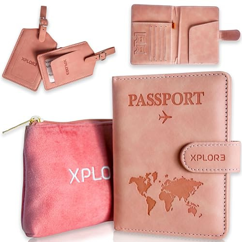 XPLOR3® Passport Holder Luggage Travel Set - Travel Wallet Organiser for Documents - Gifts for Men, Women, and Families (UK) (Pink)