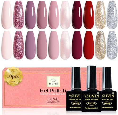 Yueshop Gel Nail Polish Set,10 Colors Nude Pink Red Dark Purple Glitter Gold Sliver Pink Winter Gel Nail Polish Soak Off UV LED Gel Polish For Beginner Nail Art DIY Salon Home,8ml