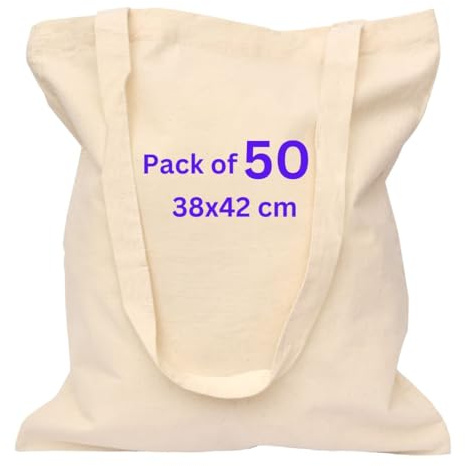 Cotton Bags for Grocery, Plain Tote Bags to Decorate, eco-friendly Canvas Tote Bags made with Premium Quality 100% Cotton Fabric Are Reusable Blank - Size 38x42cm+70cm long Handle (Pack of 50-Natural)