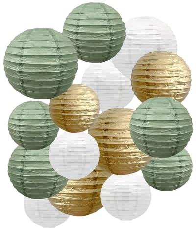 Wedding Party Hängende Papierlaternen Grün und Gold, 15 Stück Hochzeitsfeierdeko, rustikale Frühlingsdekoration, perfekt für Brautduschen, Babypartys, Geburtstage, neutrale Partydeko