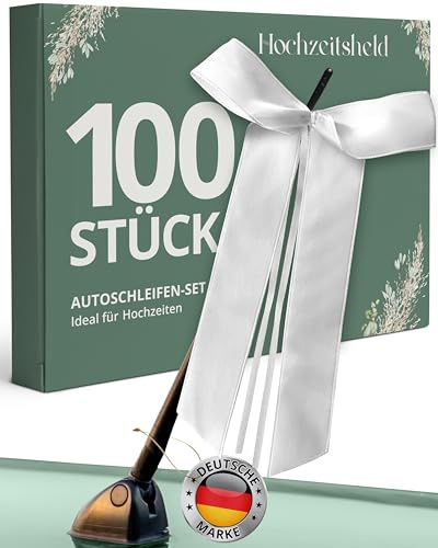 HOCHZEITSHELD Autoschleifen Hochzeit 100 Stück, Hochzeitsschmuck fürs Auto | Elegante weiße Schleifen & Hochzeitsbänder fürs Brautauto, für Außenspiegel, Türgriff & Antenne und auch als Deko für Gäste