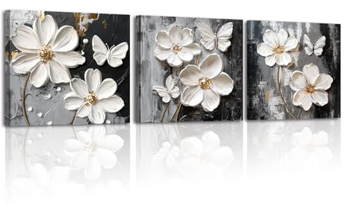Piy Painting 3 lienzos florales blancos para pared, imágenes de pared en blanco y negro, impresiones en lienzo, póster moderno para oficina, baño, pasillo, cafetería, decoración de cocina, 12 x 12