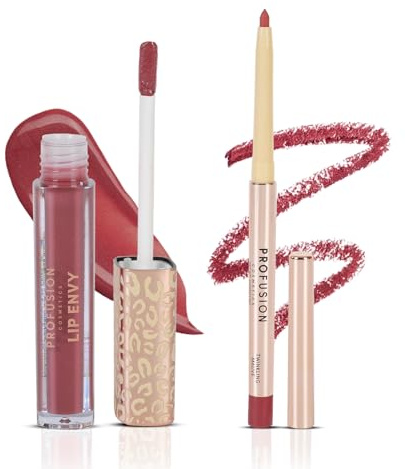 Profusion Cosmetics Lip Envy Gloss and Satin Liner Duo - High Shine | Ultra-Soft, Non-Sticky, Long-Lasting, High-Pigmented, Stain Finish, Smooth, Vegan and Cruelty Free, Define Lips, Wow Pink