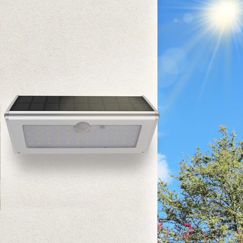 lampione solare led esterno,lampade solari da esterno con rilevatore di movimento,4 modalità,46 LED,1100lm,faretto led da esterno solare impermeabile IP65,per patio,garage,giardino (luce bianca)