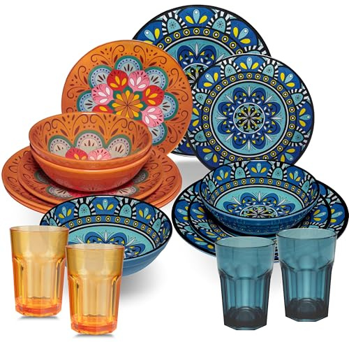 Melamin Geschirr Set Toskana Pastel 4 Personen 16 Teile 400ml Acryl Camping