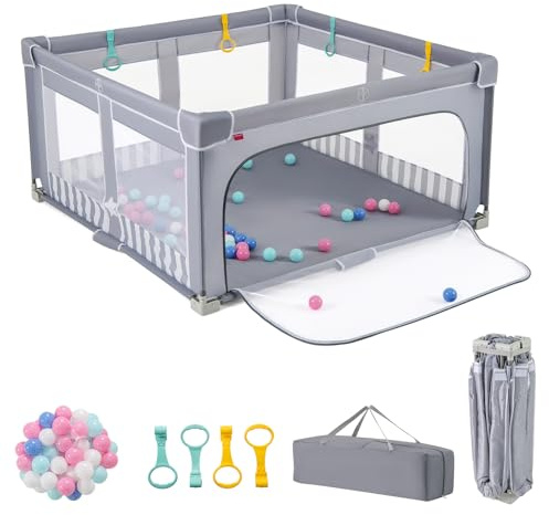 GOPLUS 150x150 cm Parque Infantil Plegable para Bebés, Parque Portátil con 50 Pelotas Oceánicas, Bolsa de Transporte, Puertas y 4 Anillos, Centro de Actividades para 0-3 Años, Sin Instalación (Gris)