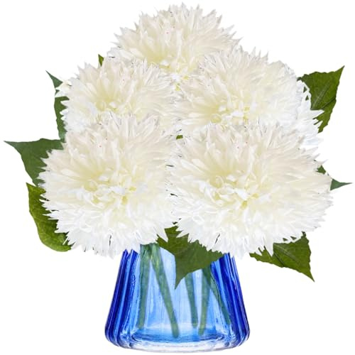 astylishome White Fake Flower Bunch for Graves - 5pcs Artificial Chrysanthemum Silk Bouquet Real Touch 5509
